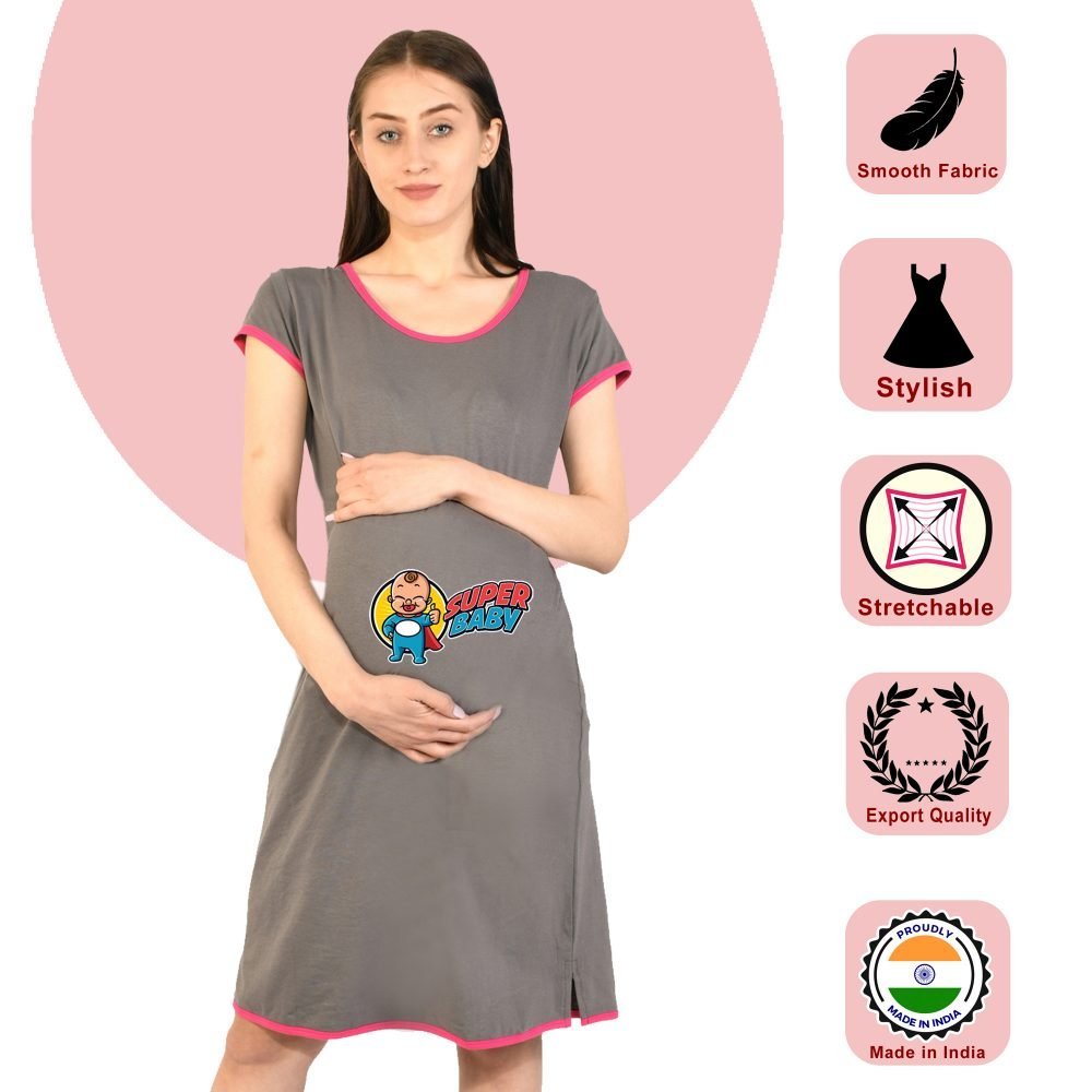 1 400 SUPER BABY - Women's Maternity Top Tunic Pregnancy Clothes Nightshirt Printed Design Round Neck Half Sleeves - Perfect Gift for Next Mom to Be
