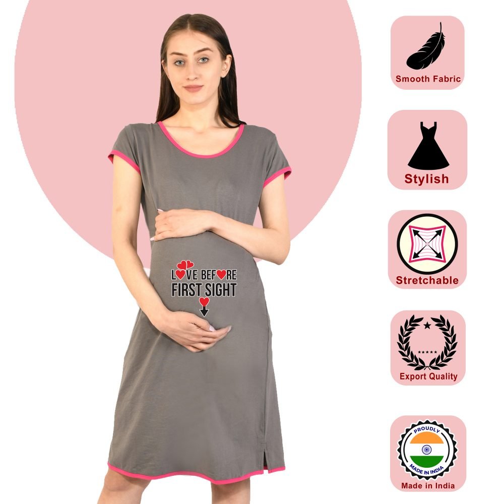 1 562 LOVE BEFORE FIRST SIGHT - Women's Maternity Top Tunic Pregnancy Clothes Nightshirt Printed Design Round Neck Half Sleeves - Perfect Gift for Next Mom to Be