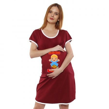 1a 410 MY BABY LOVES SAMOSA - Women's Maternity Top Tunic Pregnancy Clothes Nightshirt Printed Design Round Neck Half Sleeves - Perfect Gift for Next Mom to Be