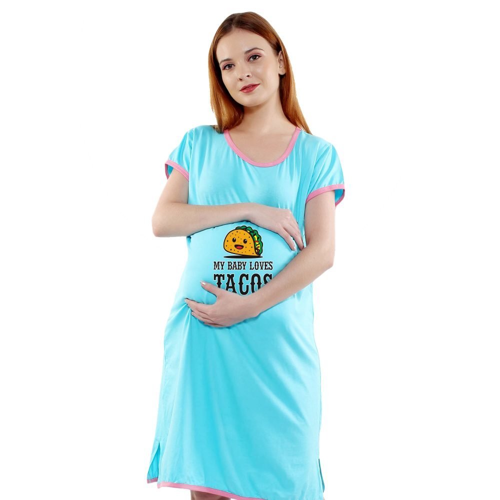 1a 567 scaled MY BABY LOVES TACOS - Women's Maternity Top Tunic Pregnancy Clothes Nightshirt Printed Design Round Neck Half Sleeves - Perfect Gift for Next Mom to Be