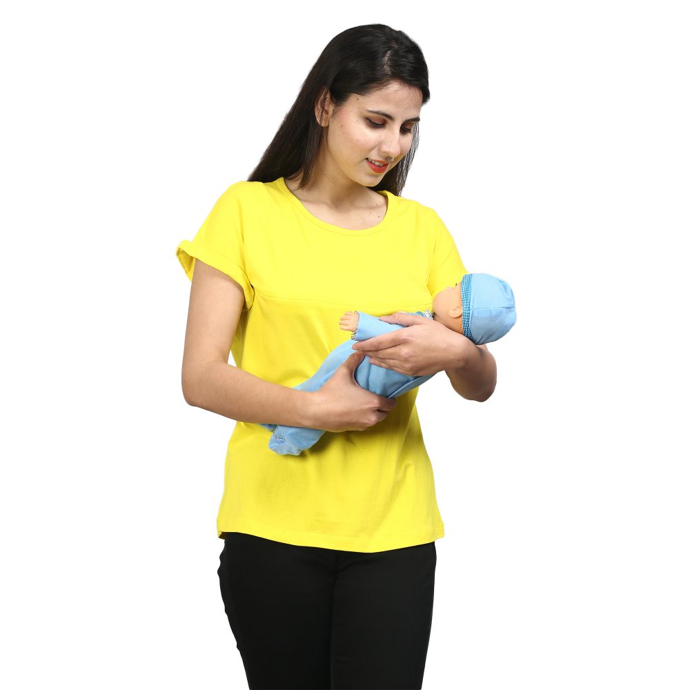 YY8A1829 Maternity Feeding Tops Pregnancy T-Shirt for Women - Premium Cotton Feeding Tops Short Sleeve Round Neck Stylish and Modern Tees