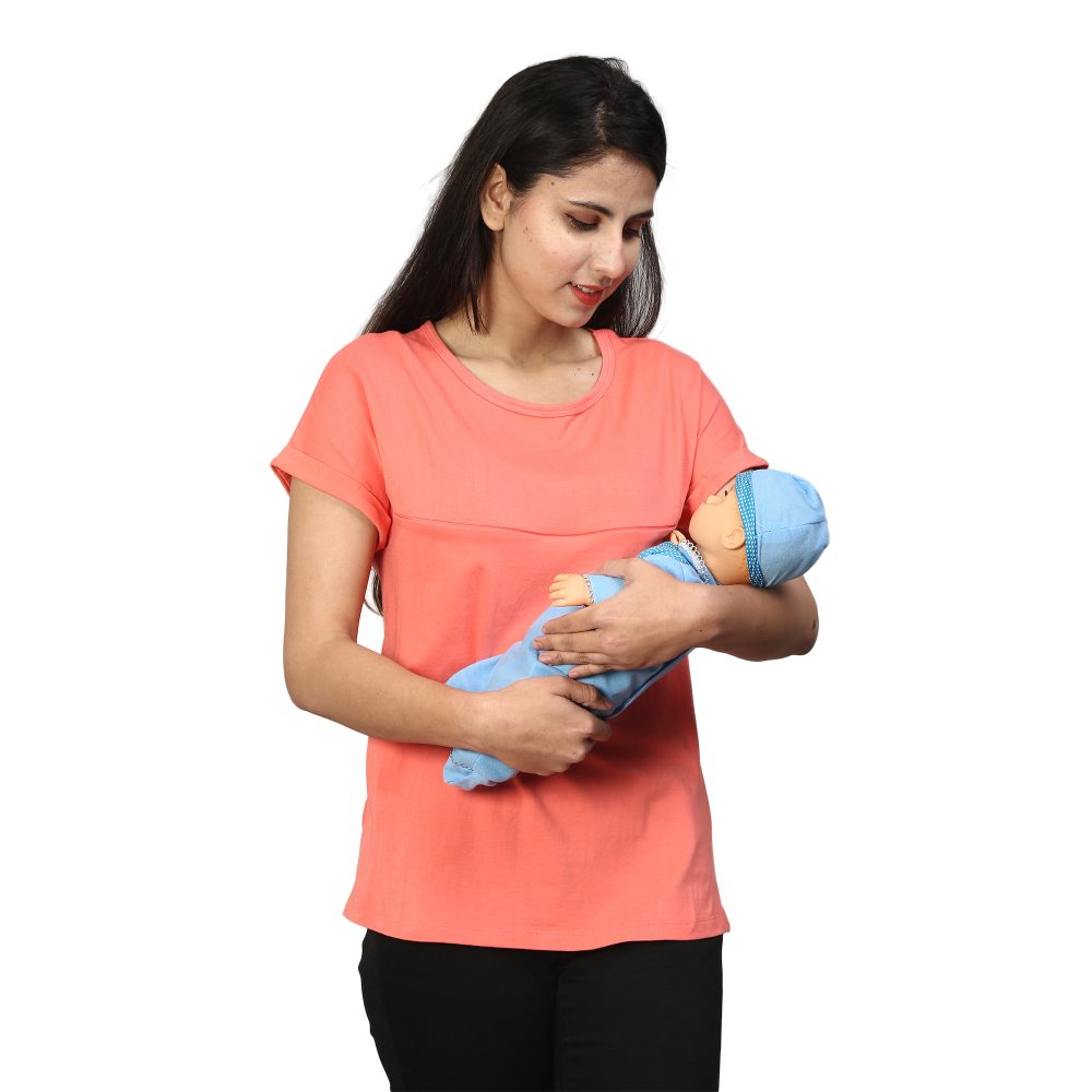 YY8A1897 Maternity Feeding Tops Pregnancy T-Shirt for Women - Premium Cotton Feeding Tops Short Sleeve Round Neck Stylish and Modern Tees