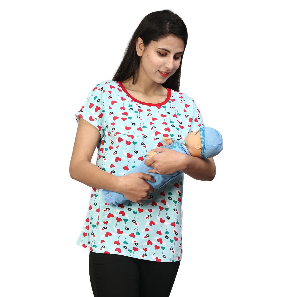 YY8A1909 Maternity Feeding Tops Pregnancy T-Shirt for Women - Premium Cotton FeedingTops Short Sleeve Round Neck Stylish and Modern Tees with Heart Designs