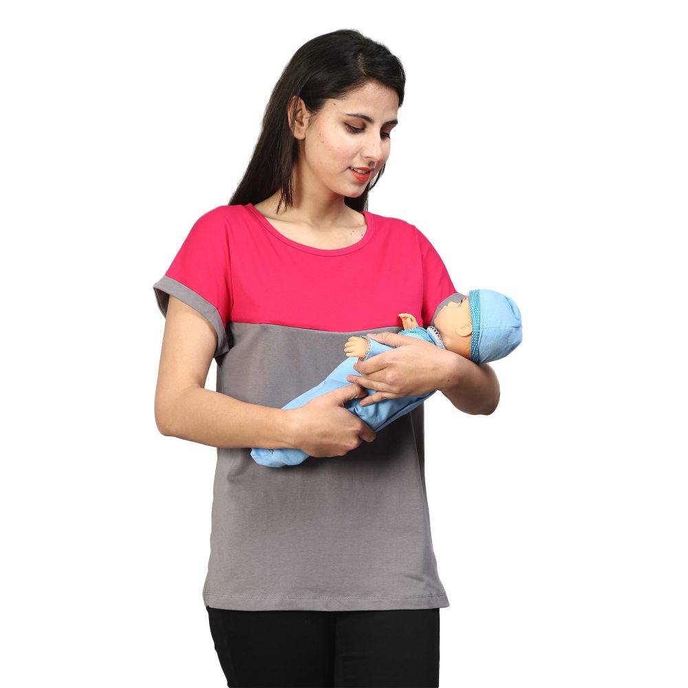 YY8A1969 Maternity Feeding Tops Pregnancy T-Shirt for Women -PremiumCotton FeedingTops Short Sleeve Round Neck Stylish and Modern Teeswith dual color