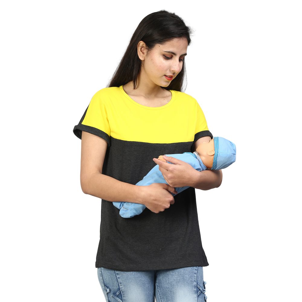 YY8A2111 Maternity Feeding Tops Pregnancy T-Shirt for Women -PremiumCotton FeedingTops Short Sleeve Round Neck Stylish and Modern Teeswith dual color