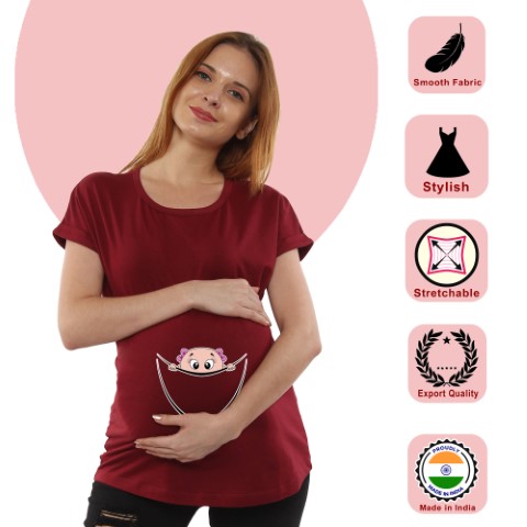 01 32 Women Pregnancy Tshirt with Girl Peeking Printed Design