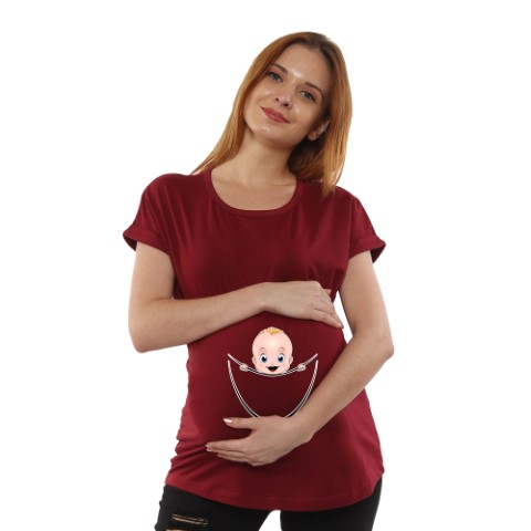 01a 33 Women Pregnancy Tshirt with Girl Peeking Printed Design